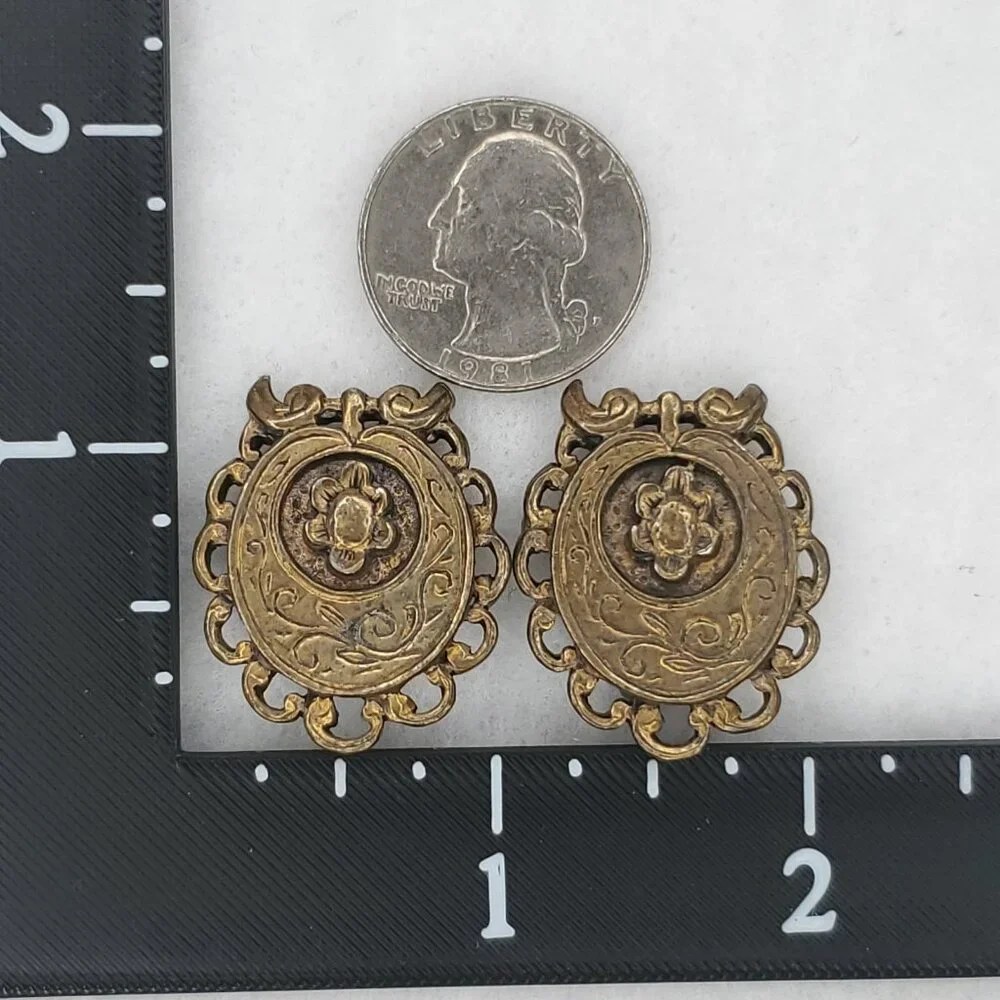 Vintage Victorian Revival Earrings Gold Tone Floral Embossed Clip On 1 1/4